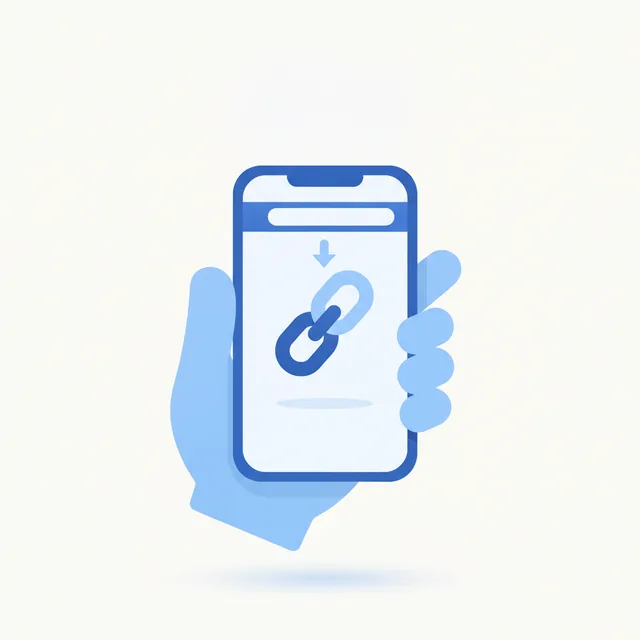 スマートフォンを手で持ち、画面にリンクのアイコンを貼り付けている様子のイラスト